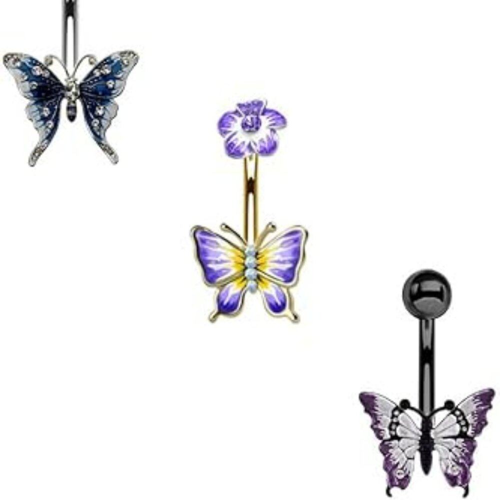 3 Butterfly Surgical Steel Barbell Belly Button Navel Rings